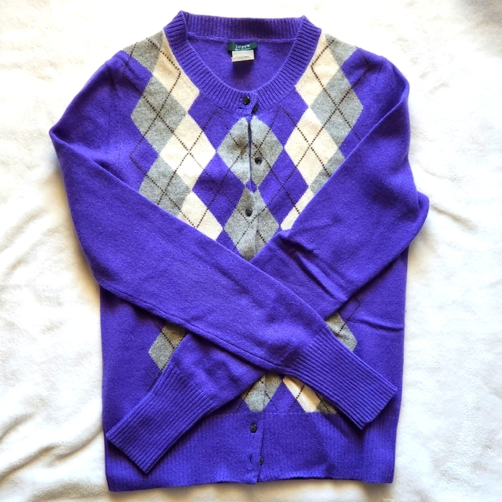 J. Crew Jackie Cashmere crewneck cardigan in purple argyle